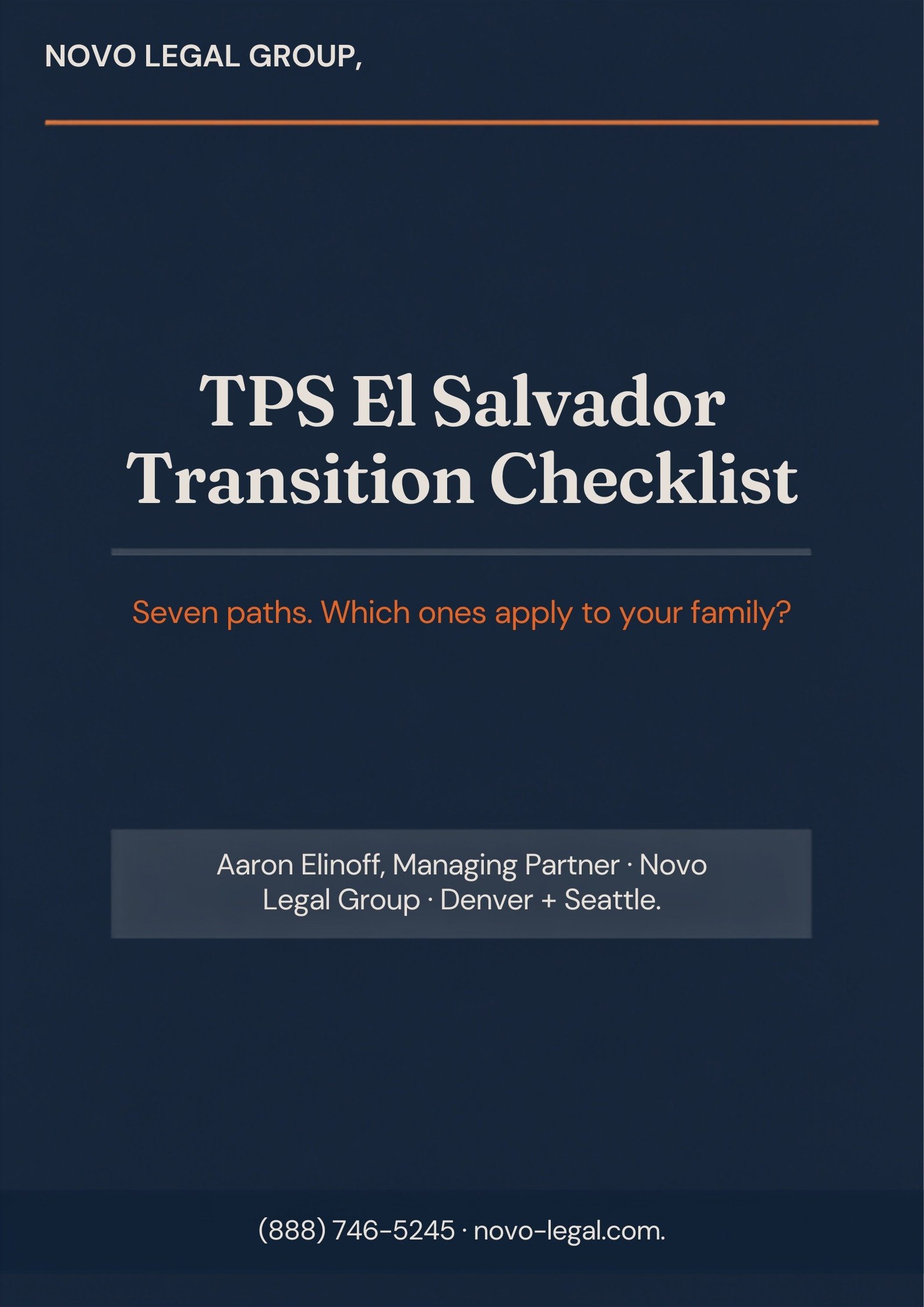 Cover of the TPS El Salvador Transition Checklist — a free downloadable one-page guide to the transition options after September 9, 2026, from Novo Legal Group.