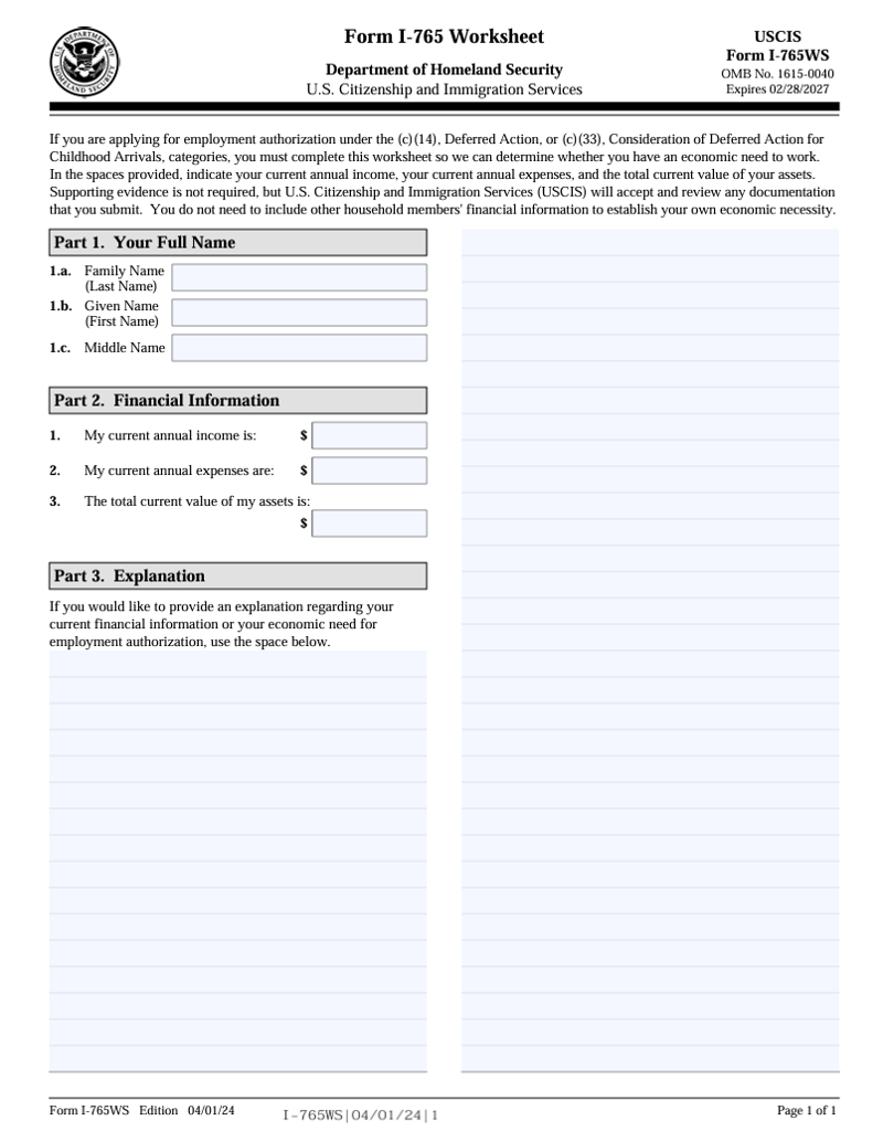 Form i-765 Worksheet