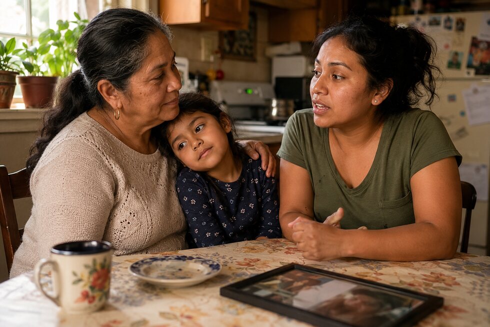 Tres generaciones de mujeres reunidas alrededor de una mesa de cocina.