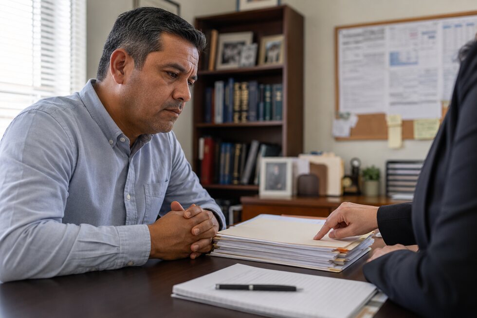 Hombre consulta documentos con un profesional en una oficina.