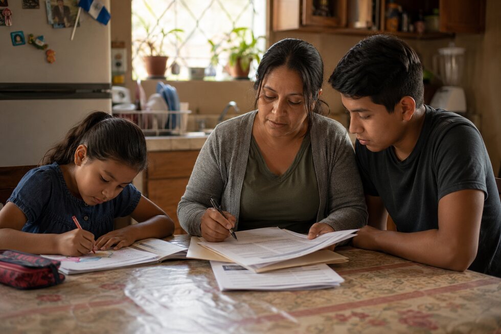 Madre revisa papeles con dos hijos en la mesa de la cocina.