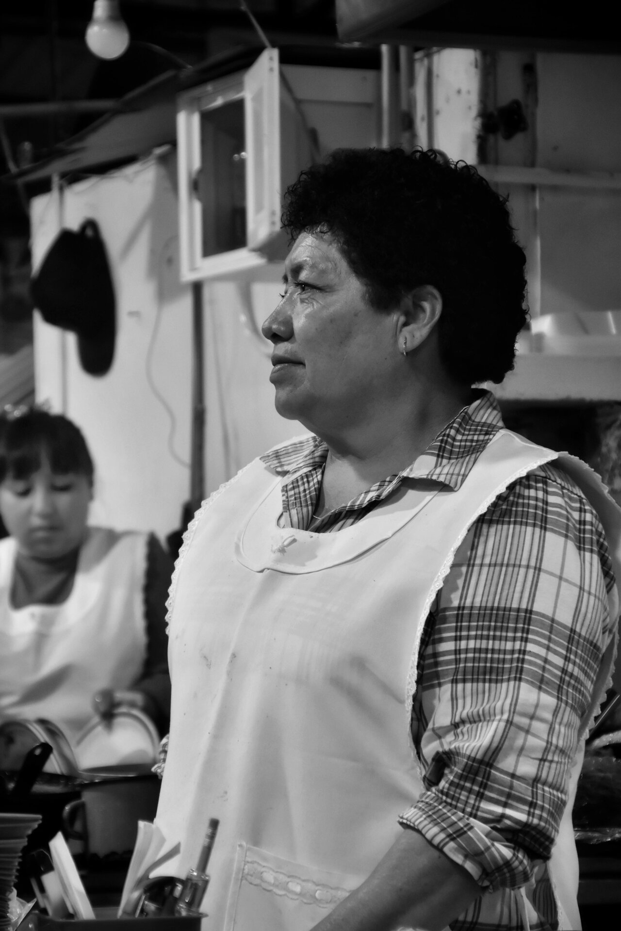 Trabajadora latina mayor con camisa a cuadros y mandil blanco de pie en la cocina de un restaurante, transmitiendo la dignidad y la vida laboral de los trabajadores inmigrantes mexicanos en Colorado.